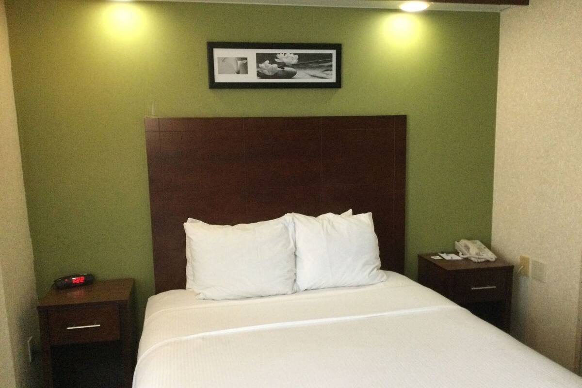 Down comforters, desk, laptop workspace, blackout drapes