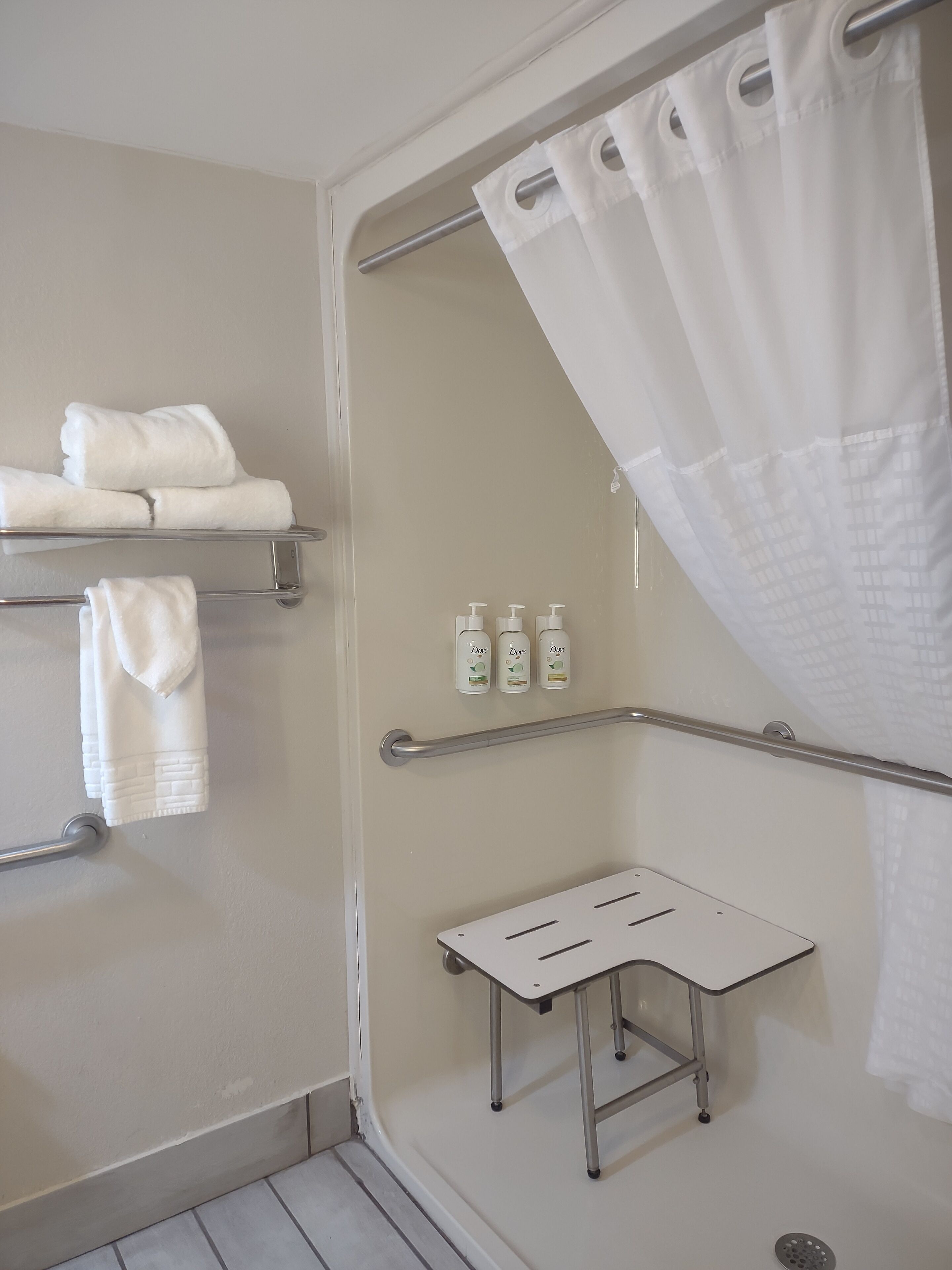 Une salle de bain équipée d’une douche, d’un porte-serviettes, d’une barre d’appui et d’une petite étagère contenant des articles de toilette.