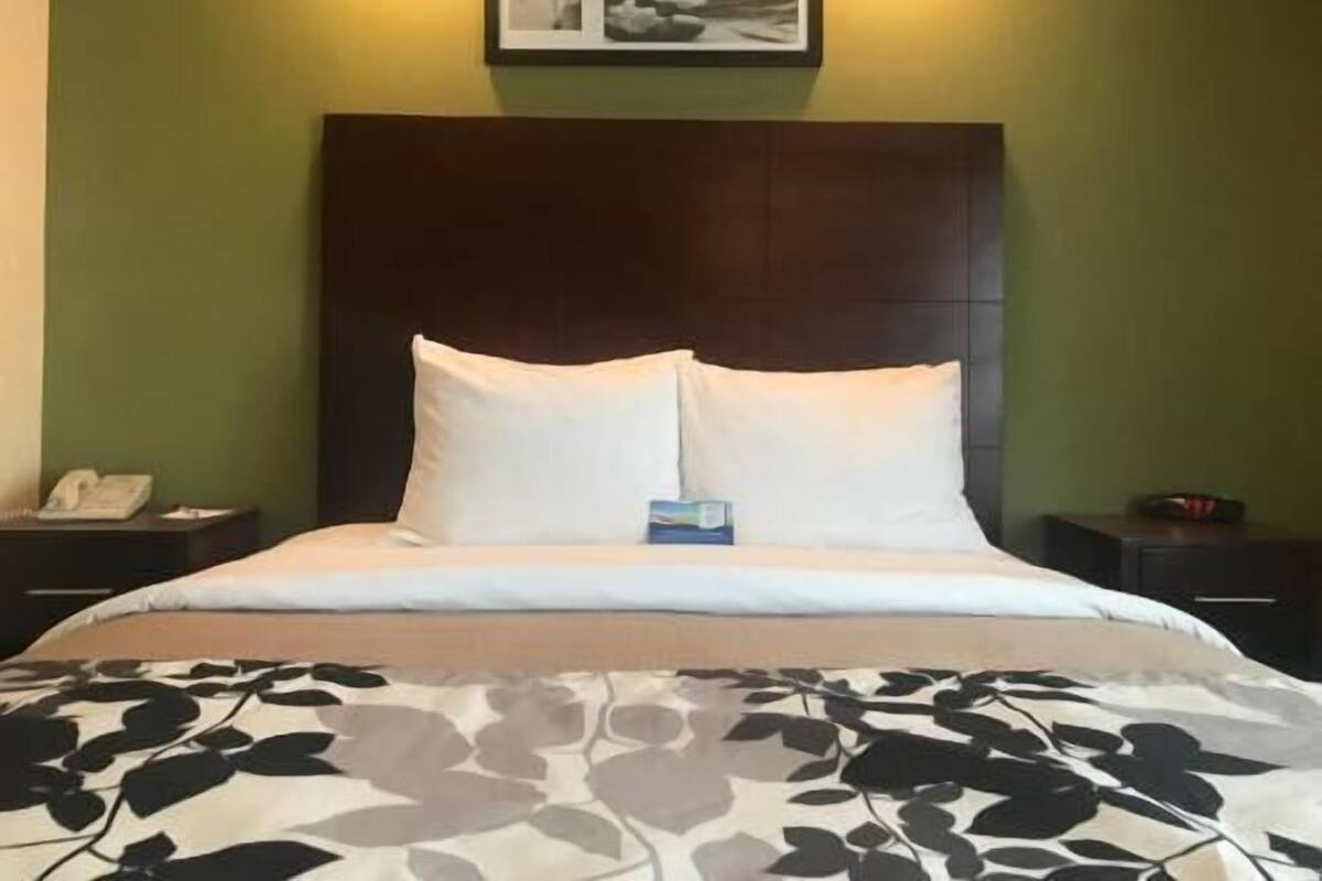 Down comforters, desk, laptop workspace, blackout drapes