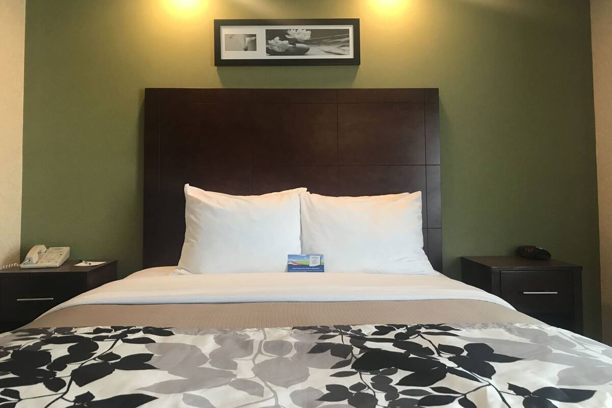 Down comforters, desk, laptop workspace, blackout drapes