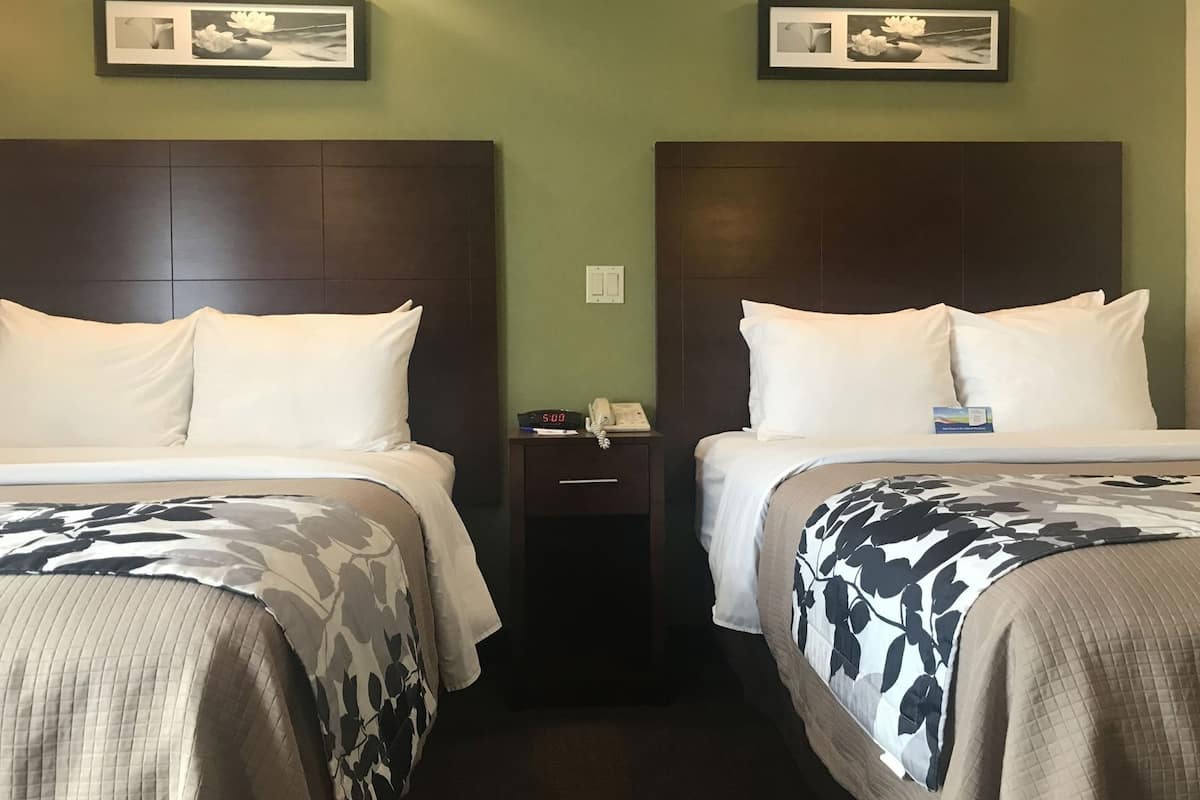 Quarto de hotel com duas camas, uma mesa de cabeceira com telefone e relógio, e quadros nas paredes.