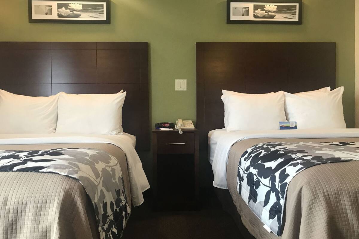 Down comforters, desk, laptop workspace, blackout drapes