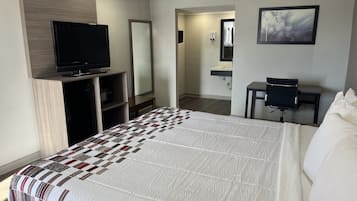 Desk, laptop workspace, blackout curtains, free WiFi