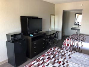 Desk, laptop workspace, blackout curtains, free WiFi
