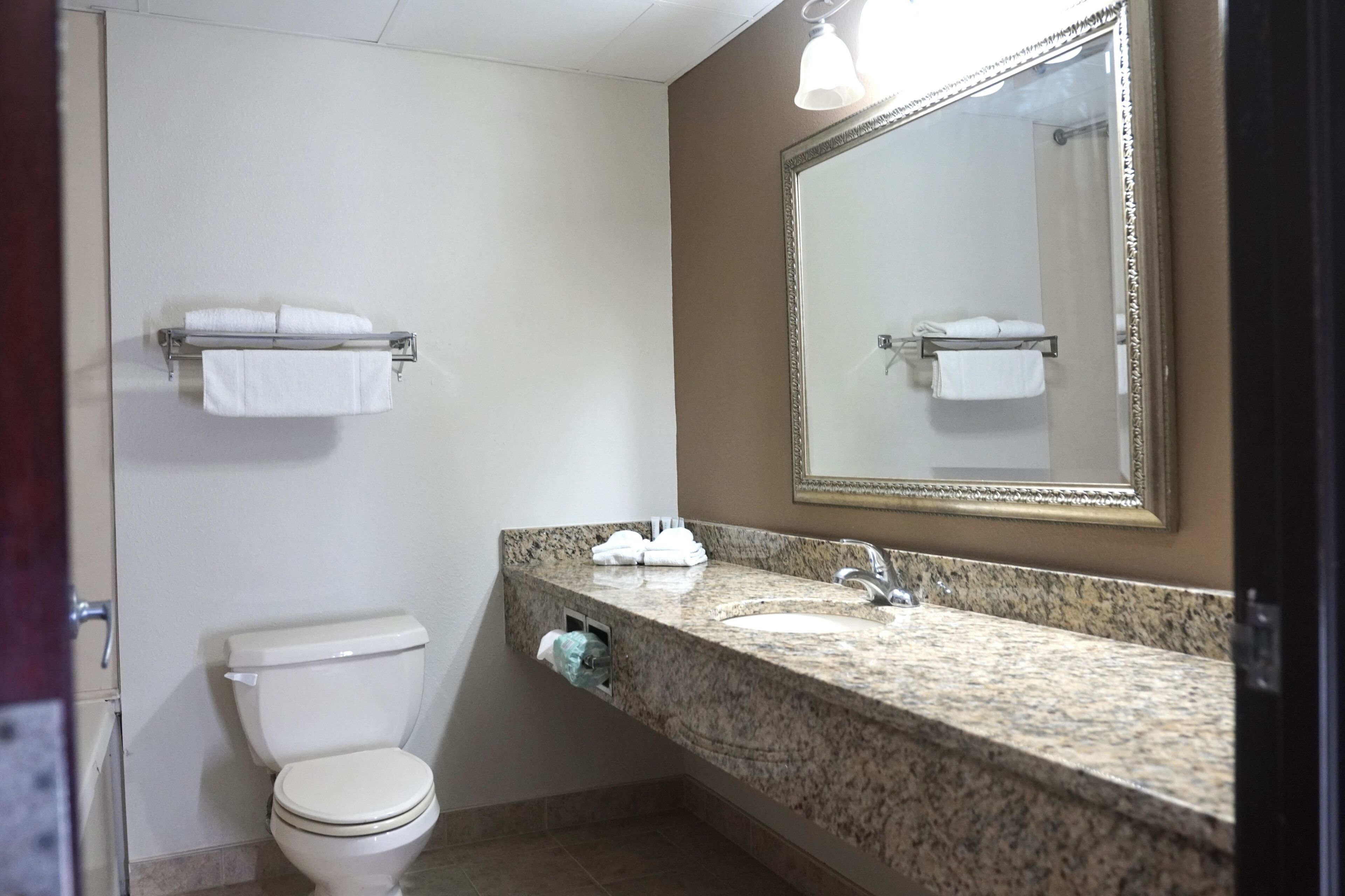 Un baño con inodoro, lavamanos y espejo.