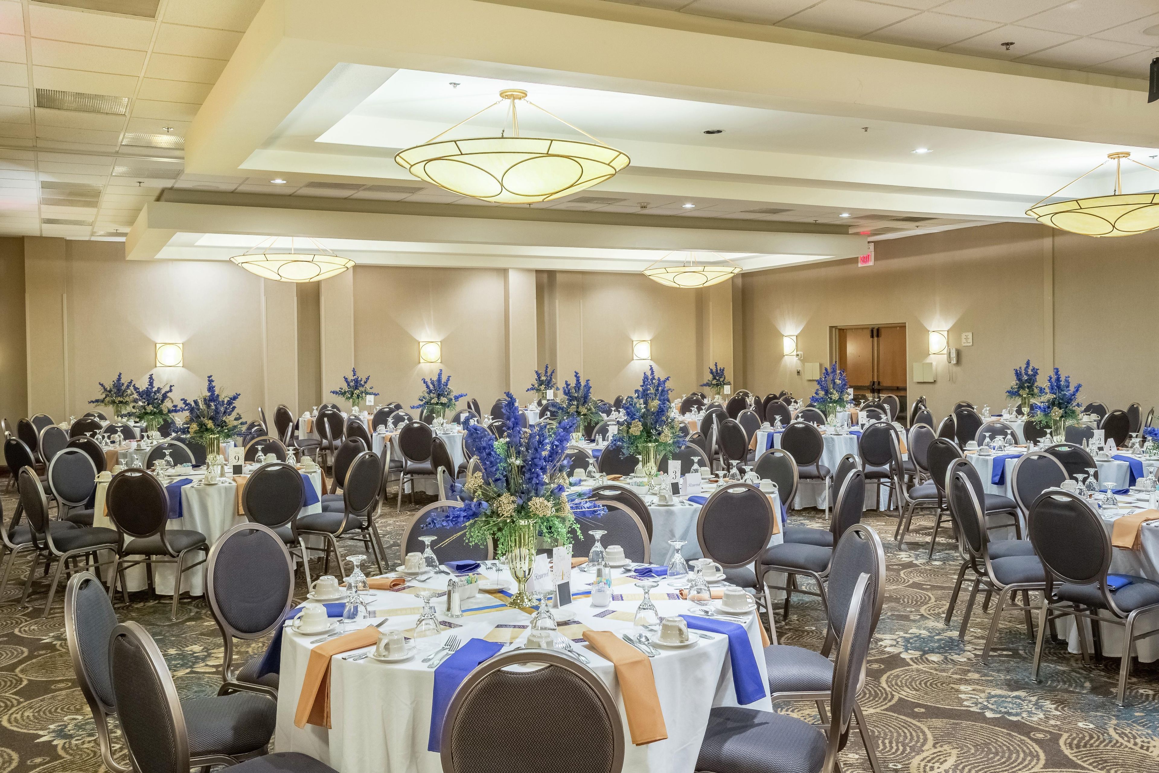 A banquet hall with round tables set for dining, equipped with chairs and centerpieces.