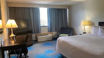 A hotel room with a bed, desk, chair, and a heater.