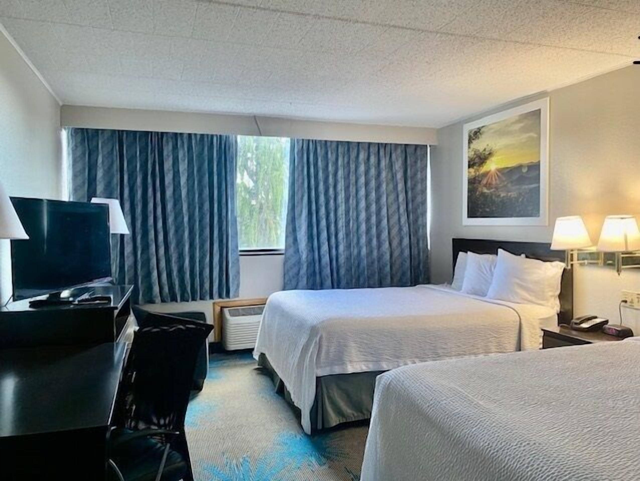Una habitación de hotel con cama, escritorio con televisor y ventana con cortinas.