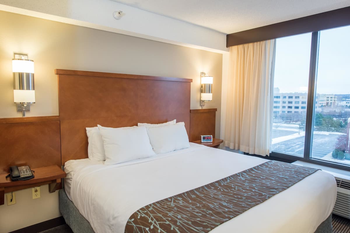 A hotel room with a large bed, two bedside tables, a nightstand, a phone, a clock, and a window with a view of buildings.