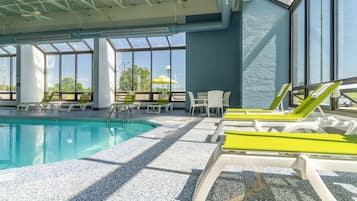 Indoor pool, open 10:00 AM to 10 PM, sun loungers