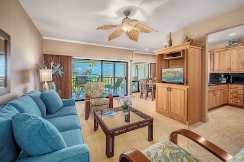Condo, 2 Bedrooms, Ocean View (Unit 126, 2 Bath) | Living area | 43-inch flat-screen TV with cable channels, TV, pay movies