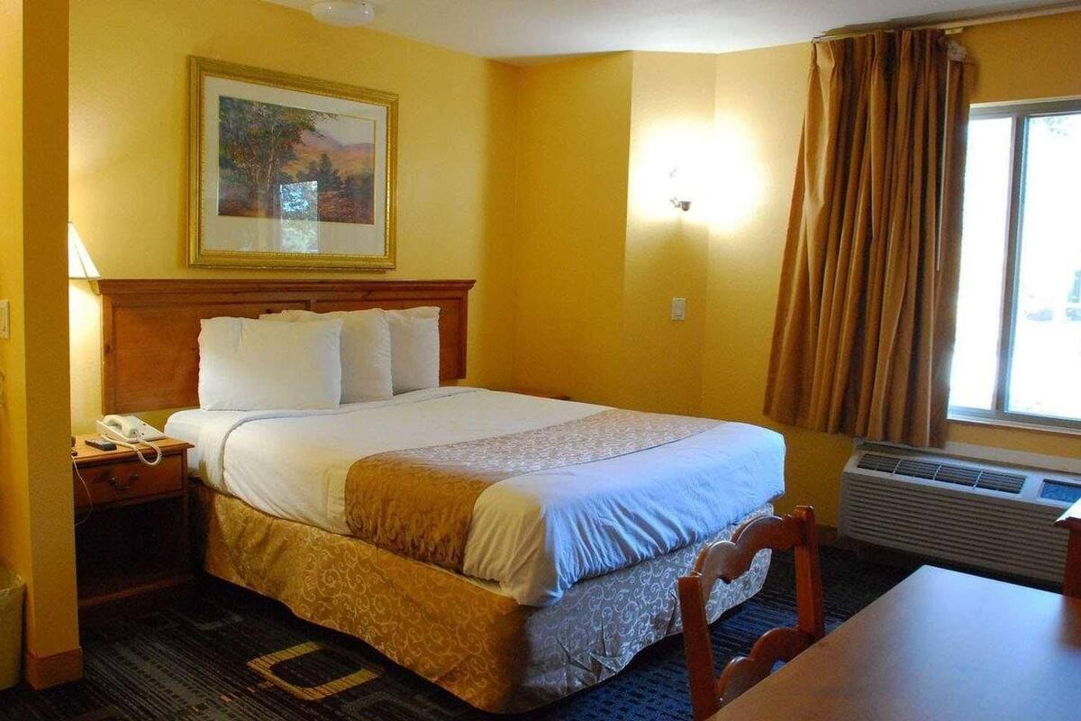 Premium bedding, desk, laptop workspace, blackout curtains
