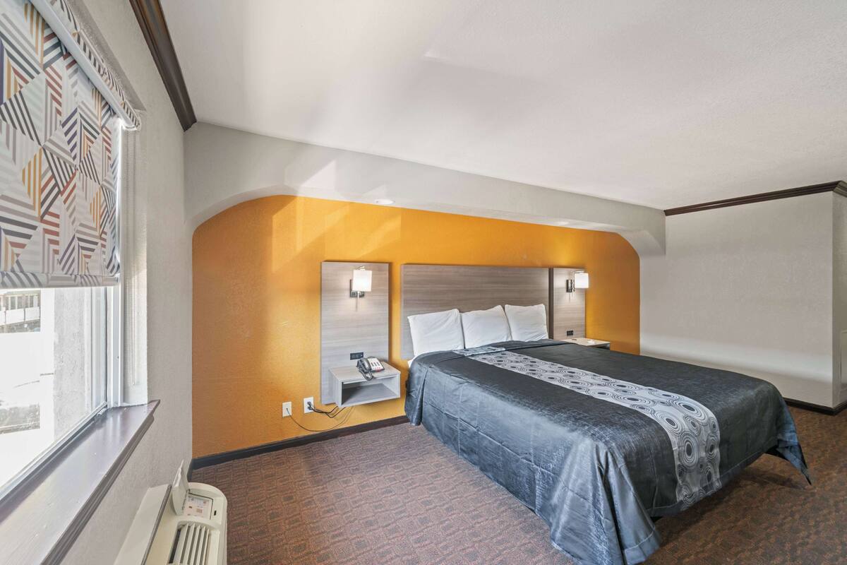 A hotel room with a bed, a bedside table with a phone, a window with patterned curtains, and a wall-mounted light fixture.