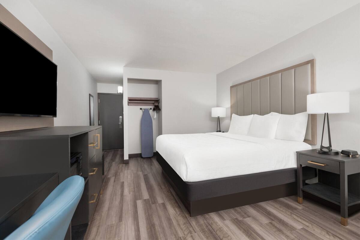 Een hotelkamer met een bed, nachtkastjes, een bureau, een stoel, een televisie en een kledingkast.