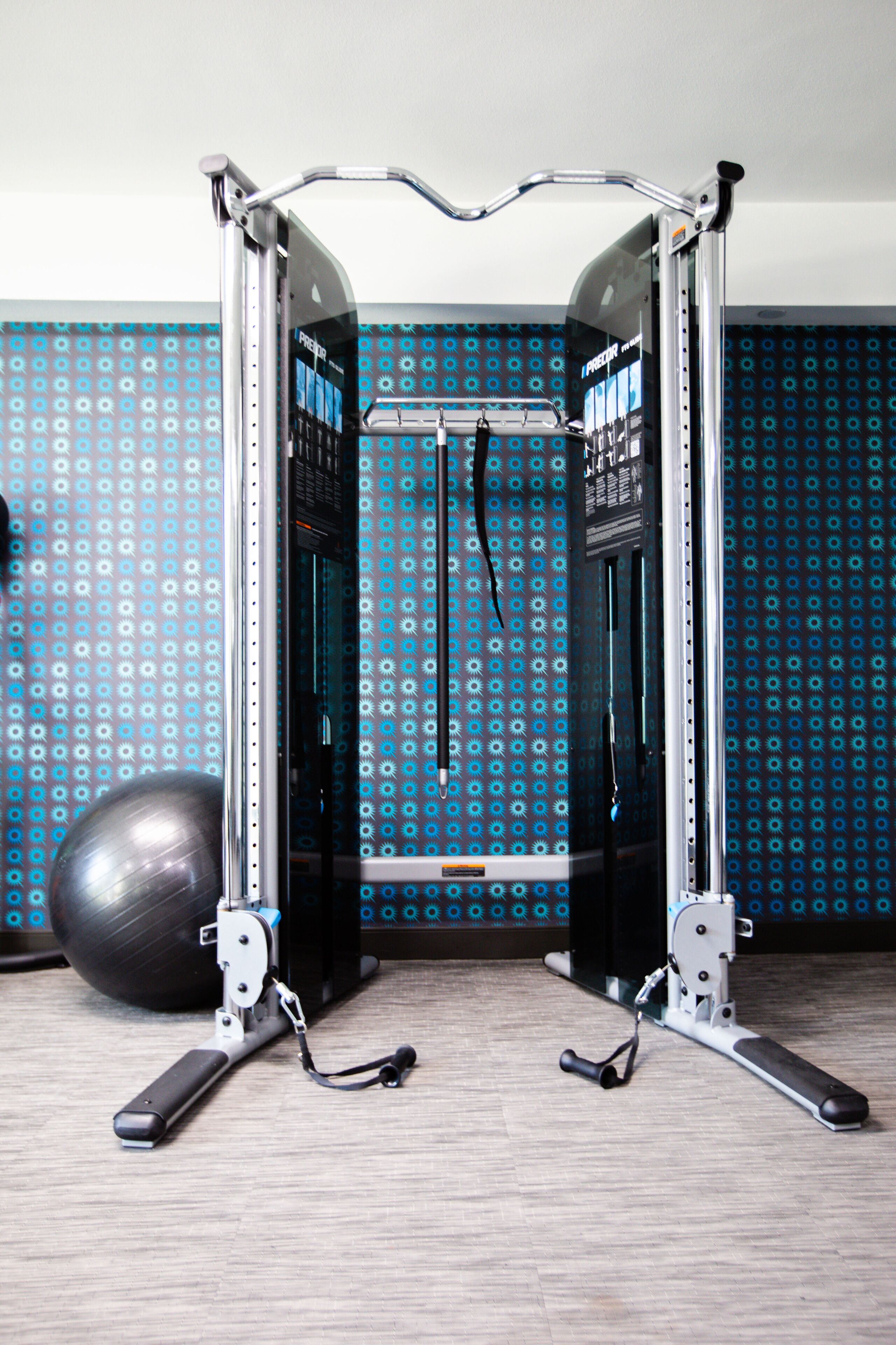 Et træningscenter med en stang til pull-ups, en medicinbold og en væg med et blåt mønster.
