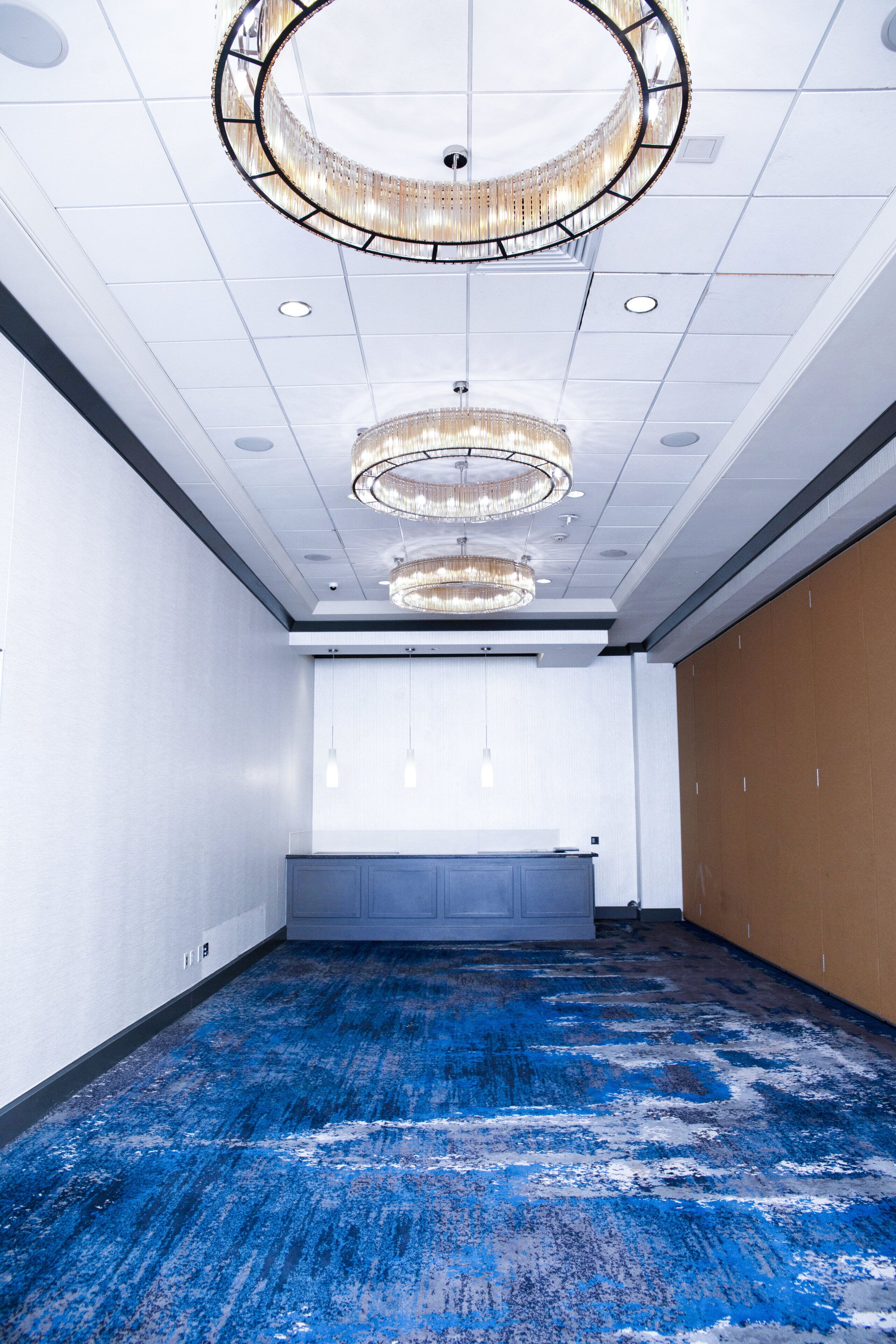 A conference room with a blue carpet, a large chandelier, and a white ceiling.