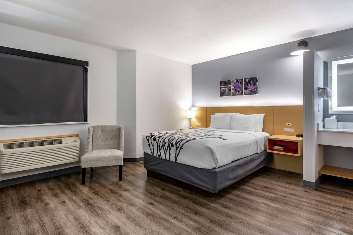 A hotel room with a bed, a chair, a bedside table, a nightstand, a heater, a wall-mounted TV, and a mirror.