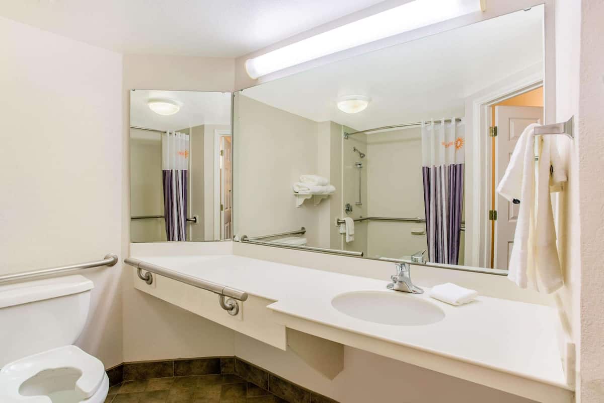 combined shower/bathtub, free toiletries, hair dryer, towels