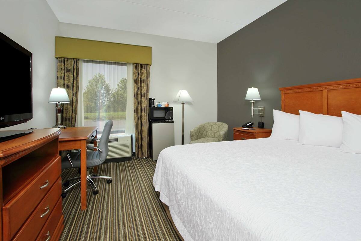 A hotel room with a bed, desk, chair, TV, lamp, and a view of trees through the window.