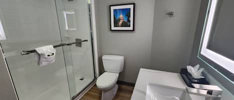 A bathroom with a glass shower enclosure, a toilet, a sink with a mirror, and a framed picture on the wall.