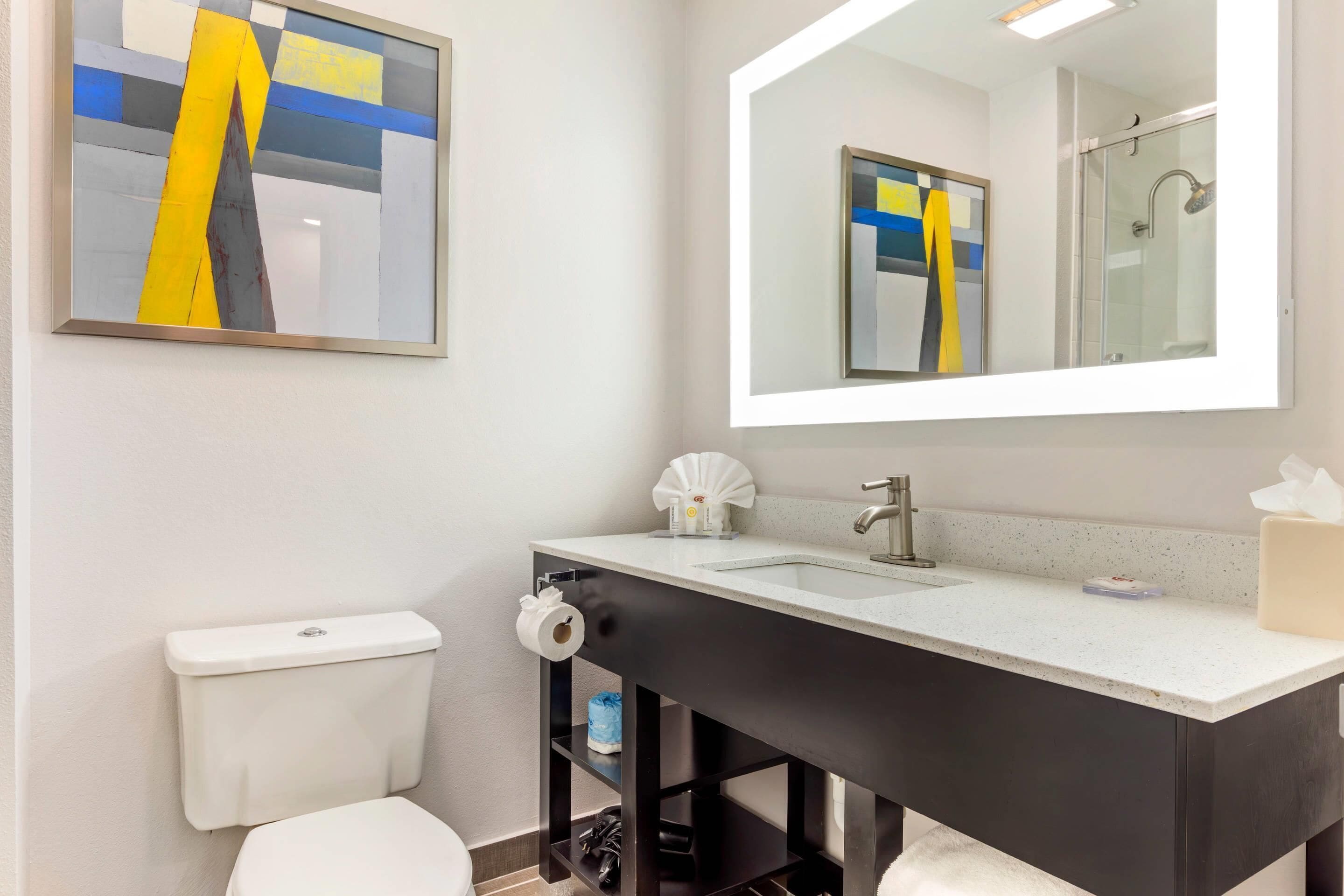 Un baño moderno con inodoro, lavabo y ducha.