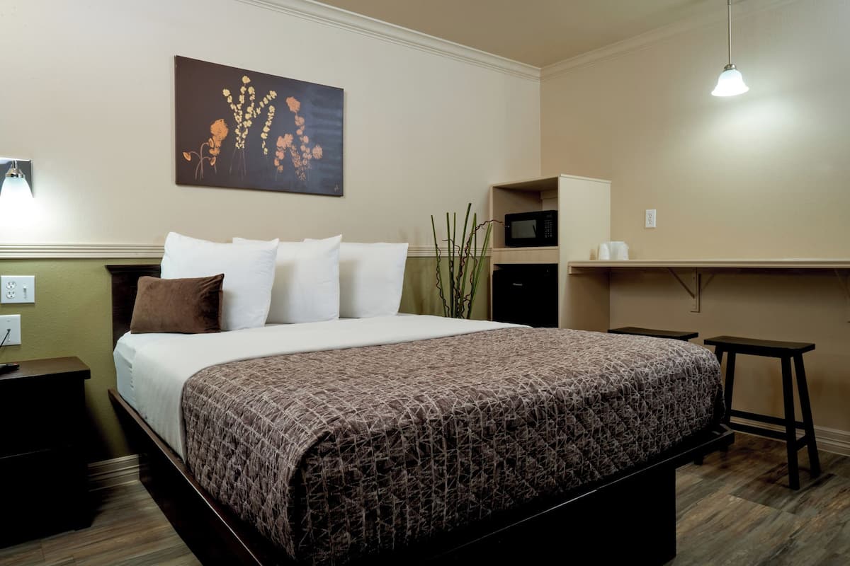 A neatly made bed with a patterned bedspread, a wall-mounted artwork, a microwave, and a small table.
