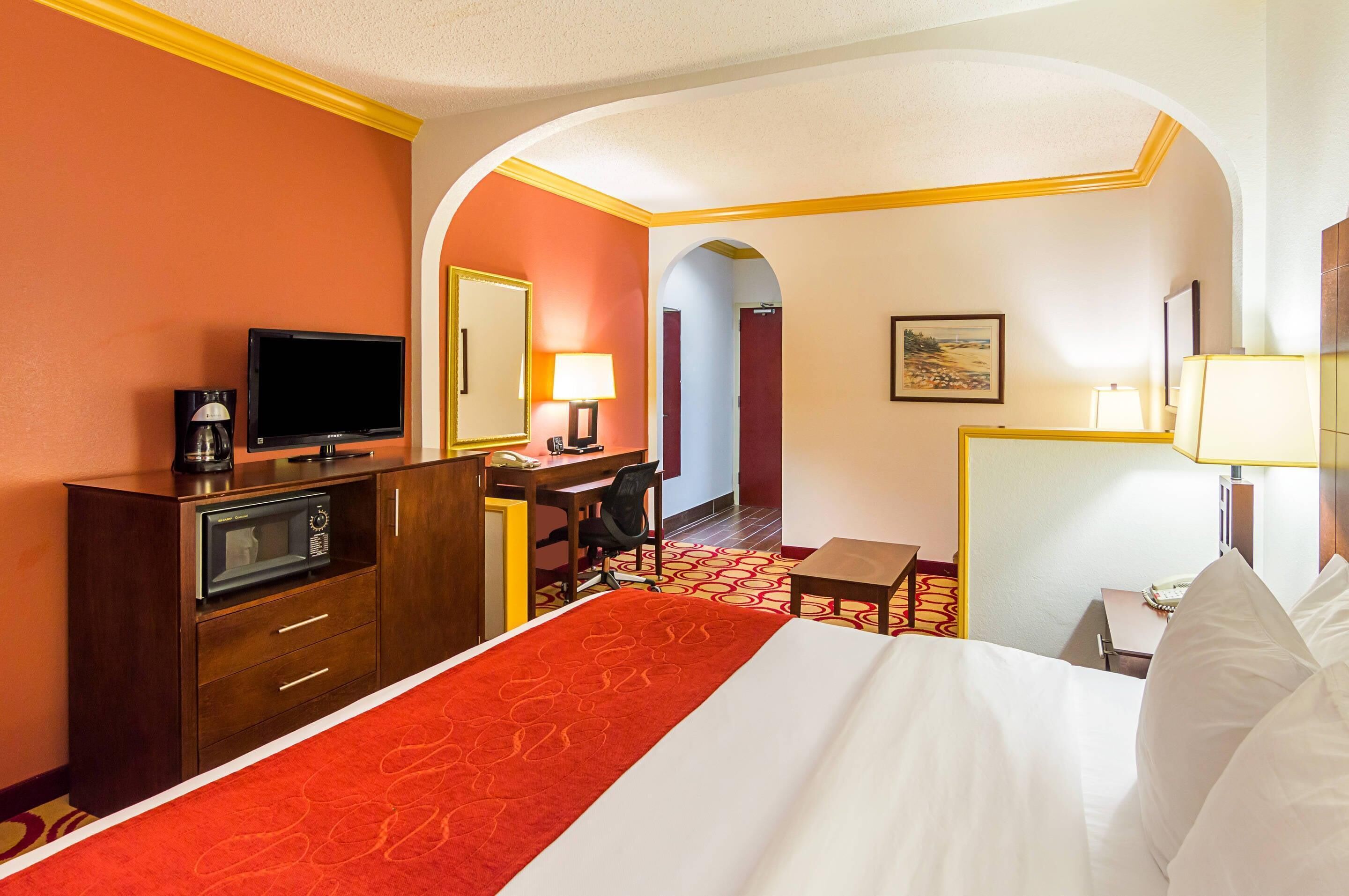 A hotel room with a bed, a desk, a chair, a television, a microwave, and a lamp.