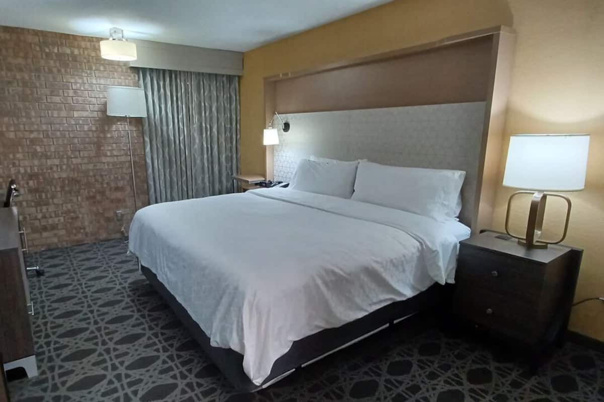 A hotel room with a large bed, a nightstand with a lamp, a dresser, and a brick-patterned carpet.
