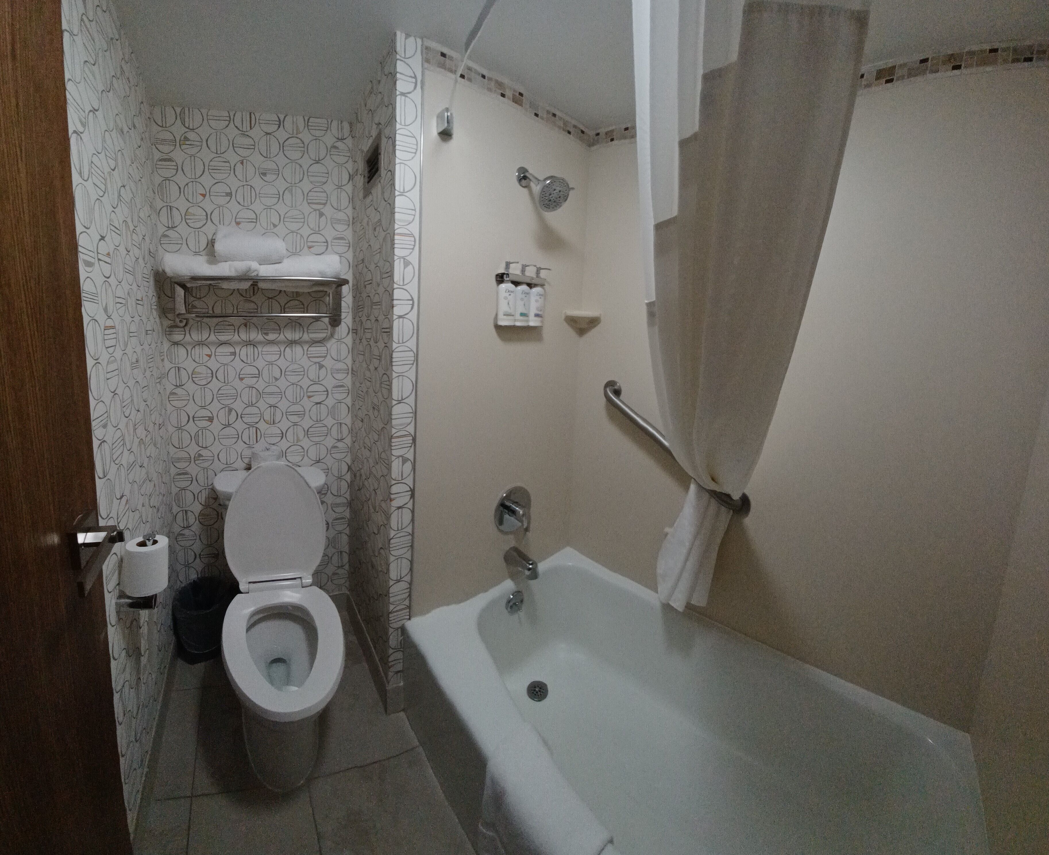 combined shower/bathtub, free toiletries, hair dryer, towels