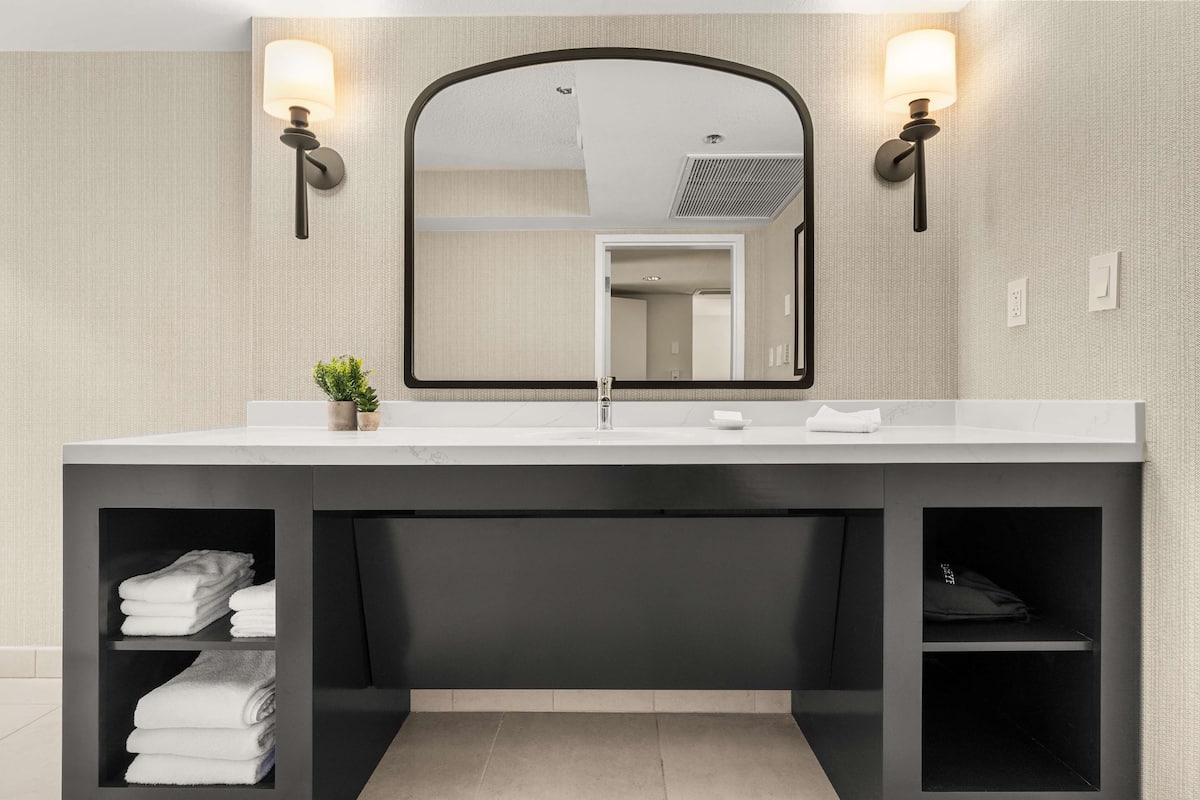 Combined shower/tub, free toiletries, hair dryer, towels