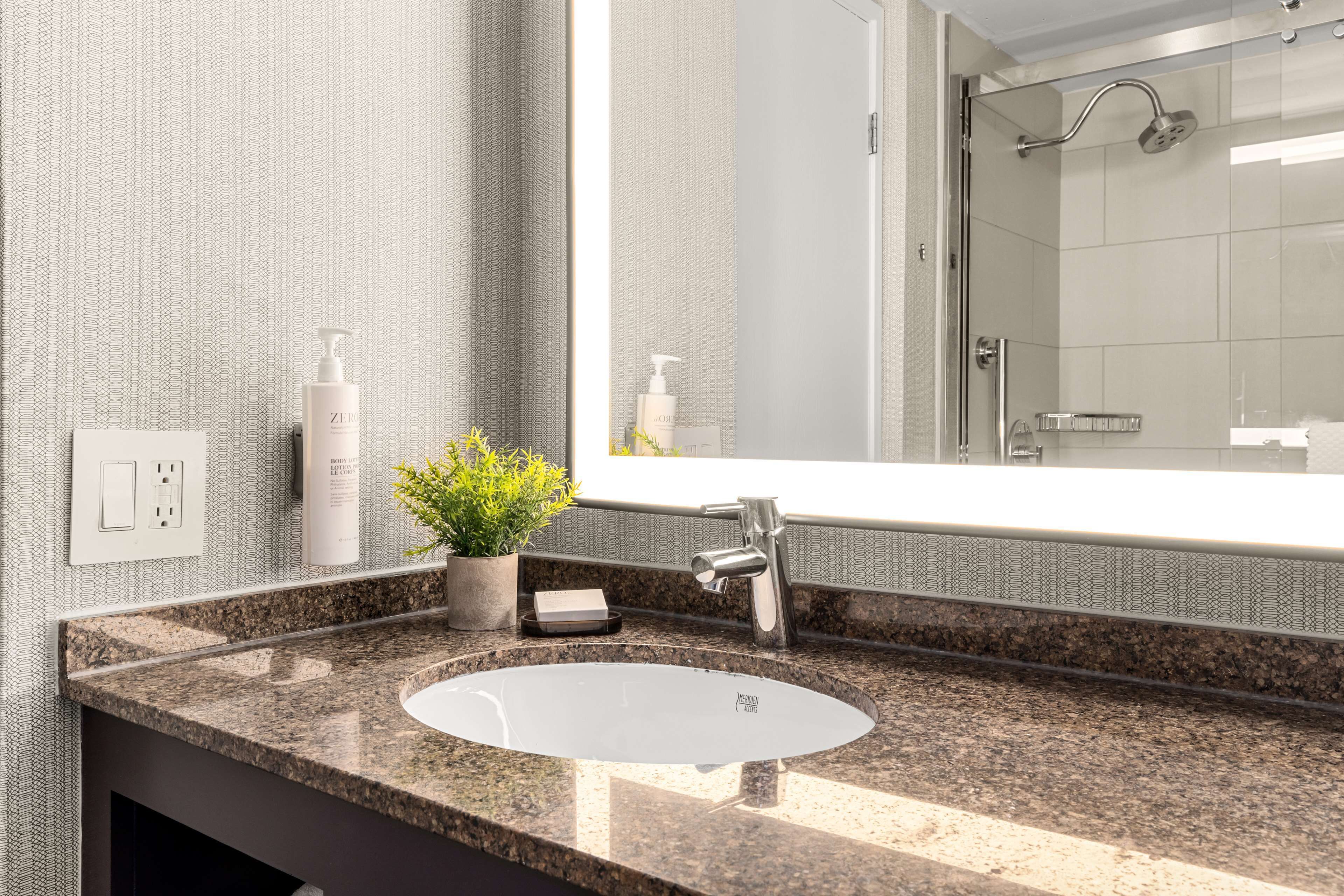 combined shower/bathtub, free toiletries, hair dryer, towels