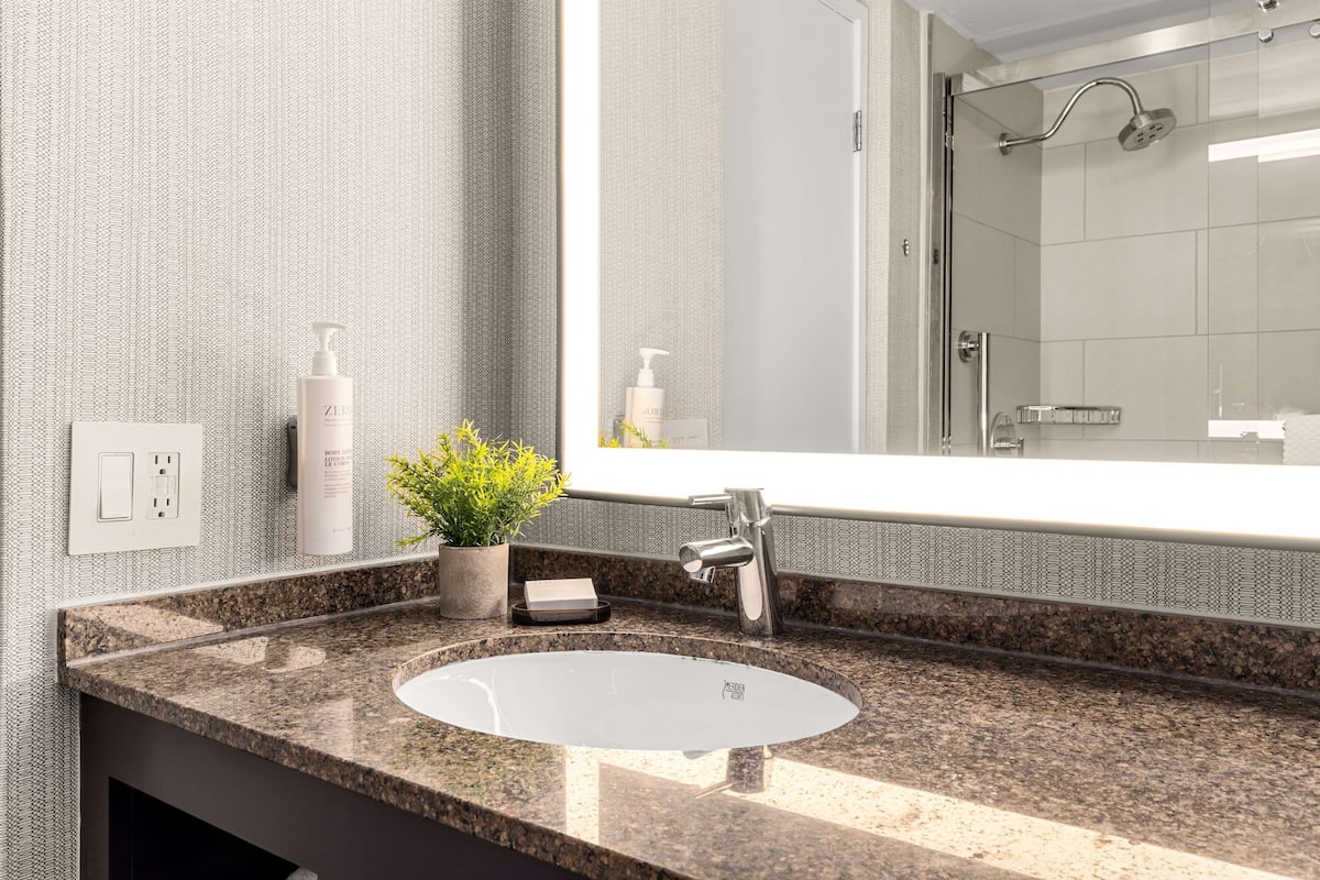 combined shower/bathtub, free toiletries, hair dryer, towels