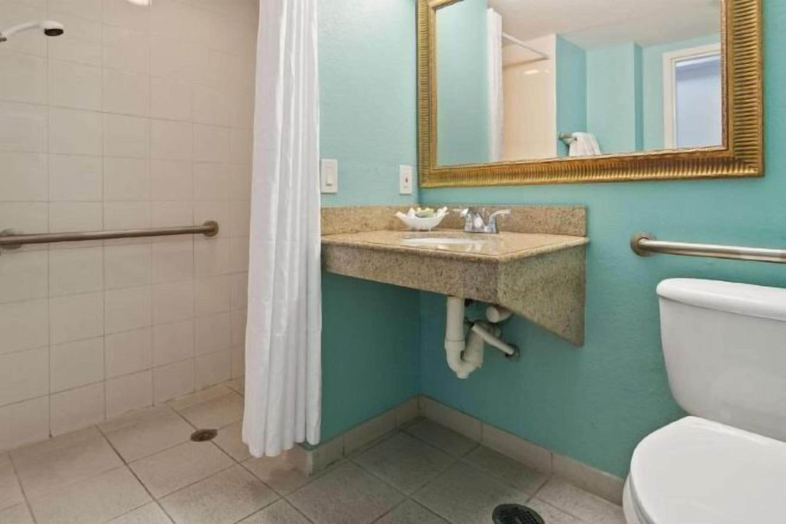 Combined shower/bathtub, free toiletries, towels, soap