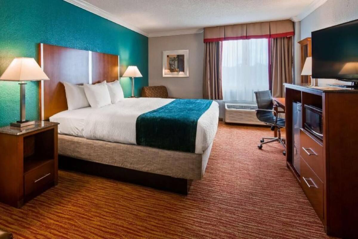 Habitación de hotel con cama, dos lámparas de noche, televisor, escritorio y una silla.