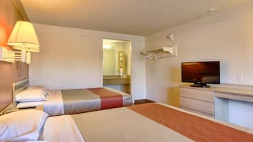 Desk, laptop workspace, blackout curtains, free WiFi