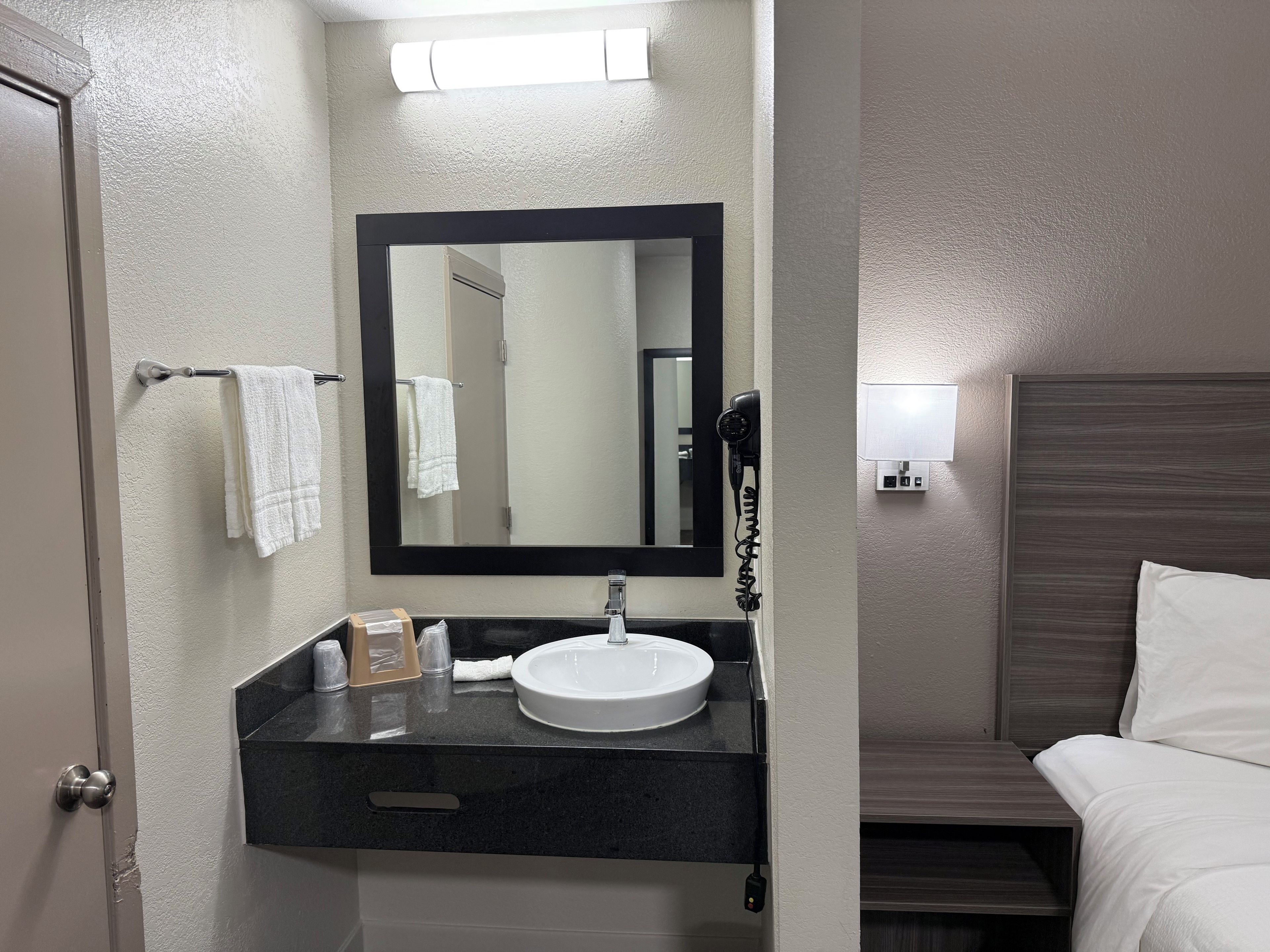 A hotel bathroom with a sink, mirror, towel rack, and a hairdryer.