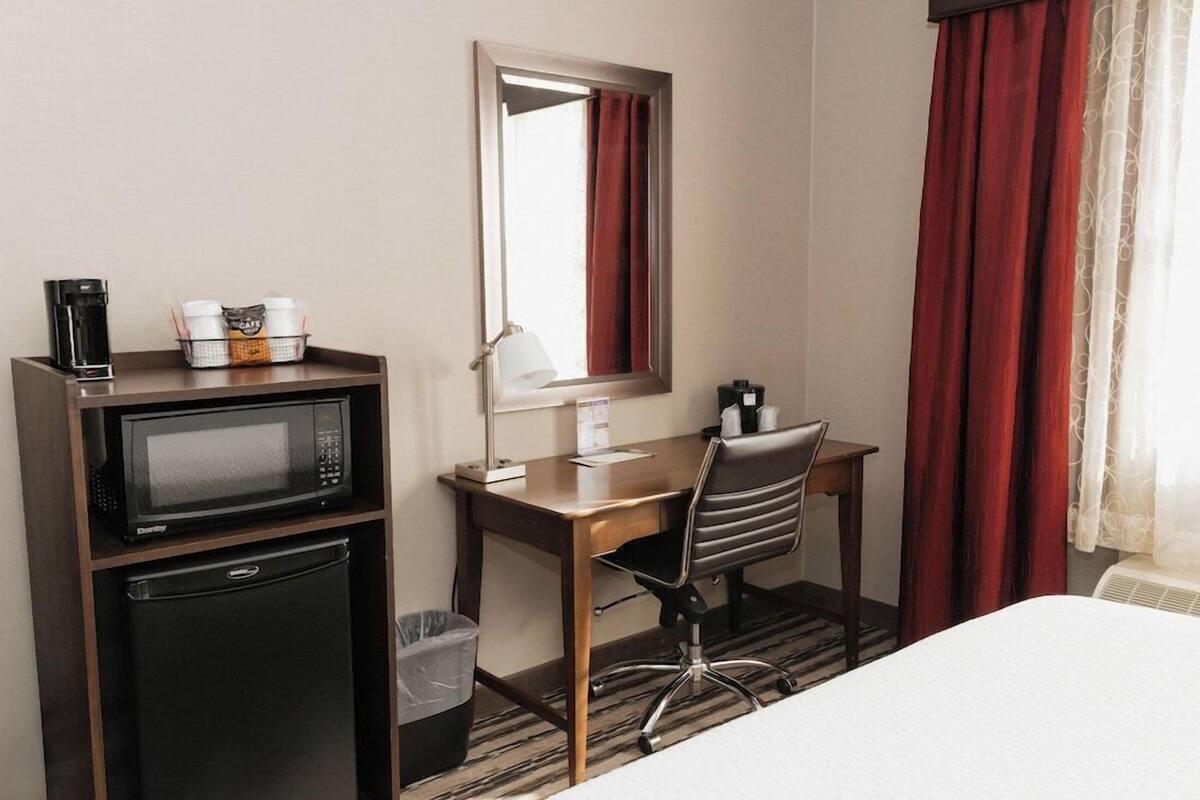 A hotel room with a bed, a desk with a chair, a microwave, a mini fridge, a trash bin, a window with curtains, and a bedside lamp.