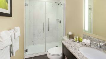 A bathroom with a glass-enclosed shower, a white toilet, a granite countertop, and a sink.