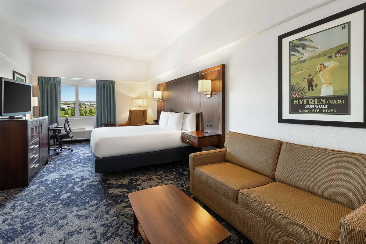 A hotel room with a bed, a sofa, a desk with a chair, a television, and a framed picture on the wall.