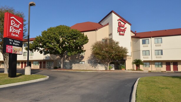 A Red Roof Inn with a clear sky, a large tree in front, and a well-maintained lawn. - Red Roof Inn San Antonio - Airport (San Antonio)
