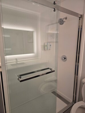 Combined shower/tub, free toiletries, hair dryer, towels
