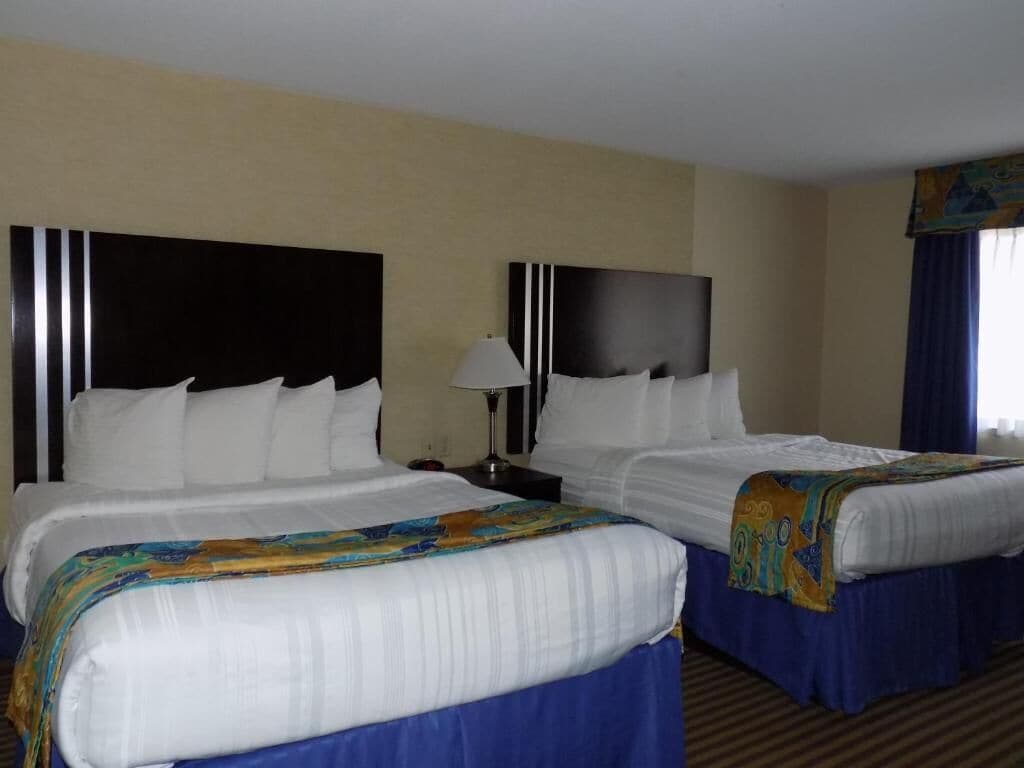 Habitación de hotel con dos camas, una mesita de noche, una lámpara y una ventana con cortinas.
