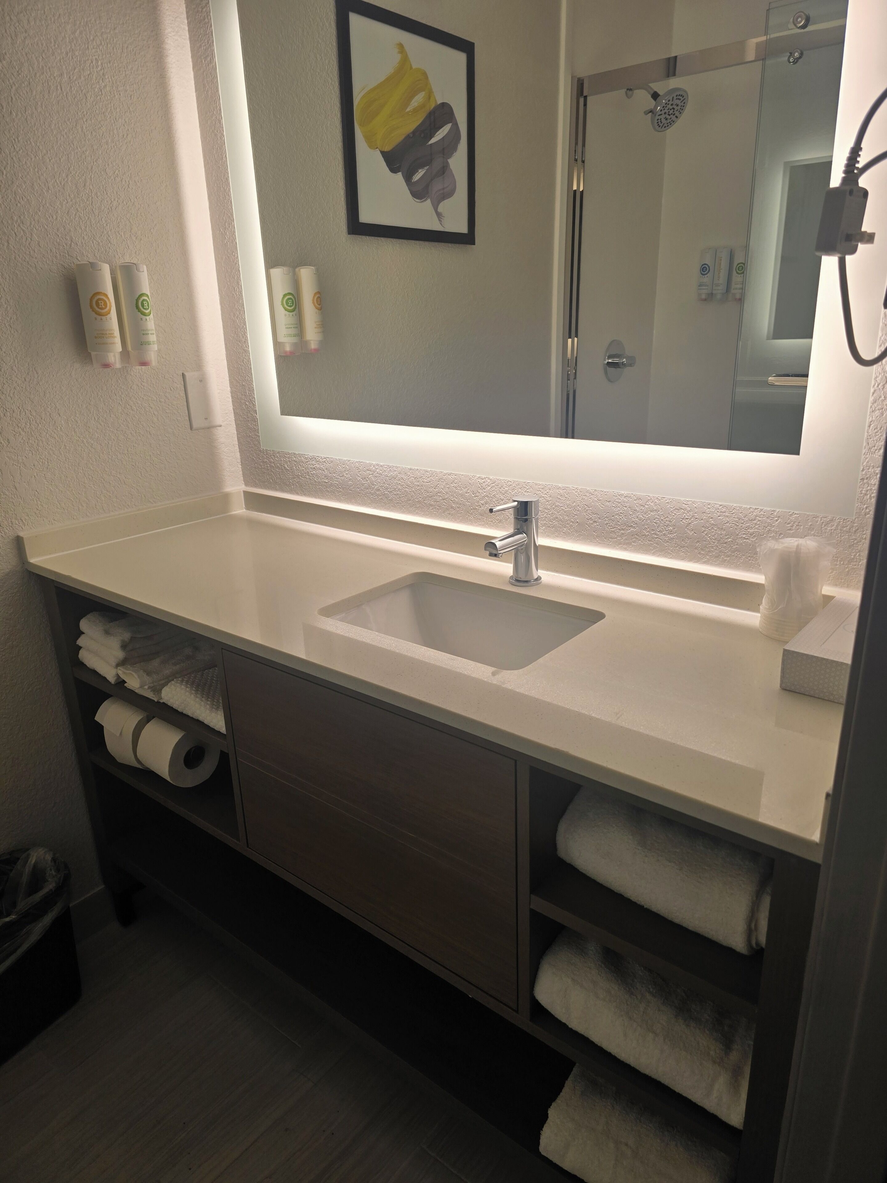 Combined shower/bathtub, free toiletries, hair dryer, towels