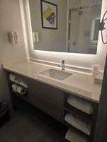 Combined shower/tub, free toiletries, hair dryer, towels