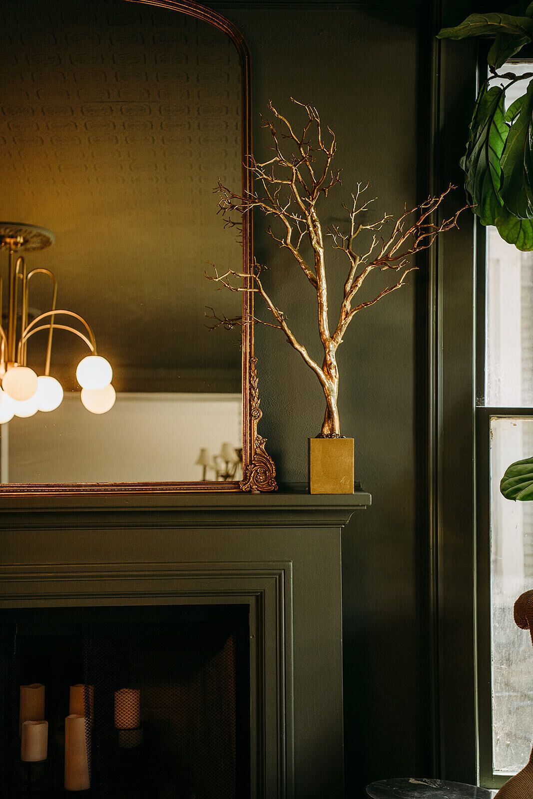 A fireplace with a mirror above it, a bare tree sculpture, and a hanging plant.