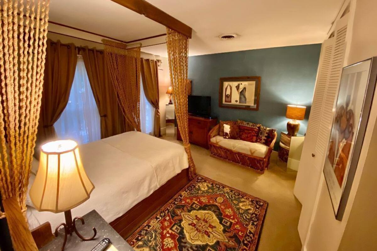 Une chambre à coucher avec un lit à baldaquin, un coin salon avec un canapé, une télévision et un tapis à motifs.