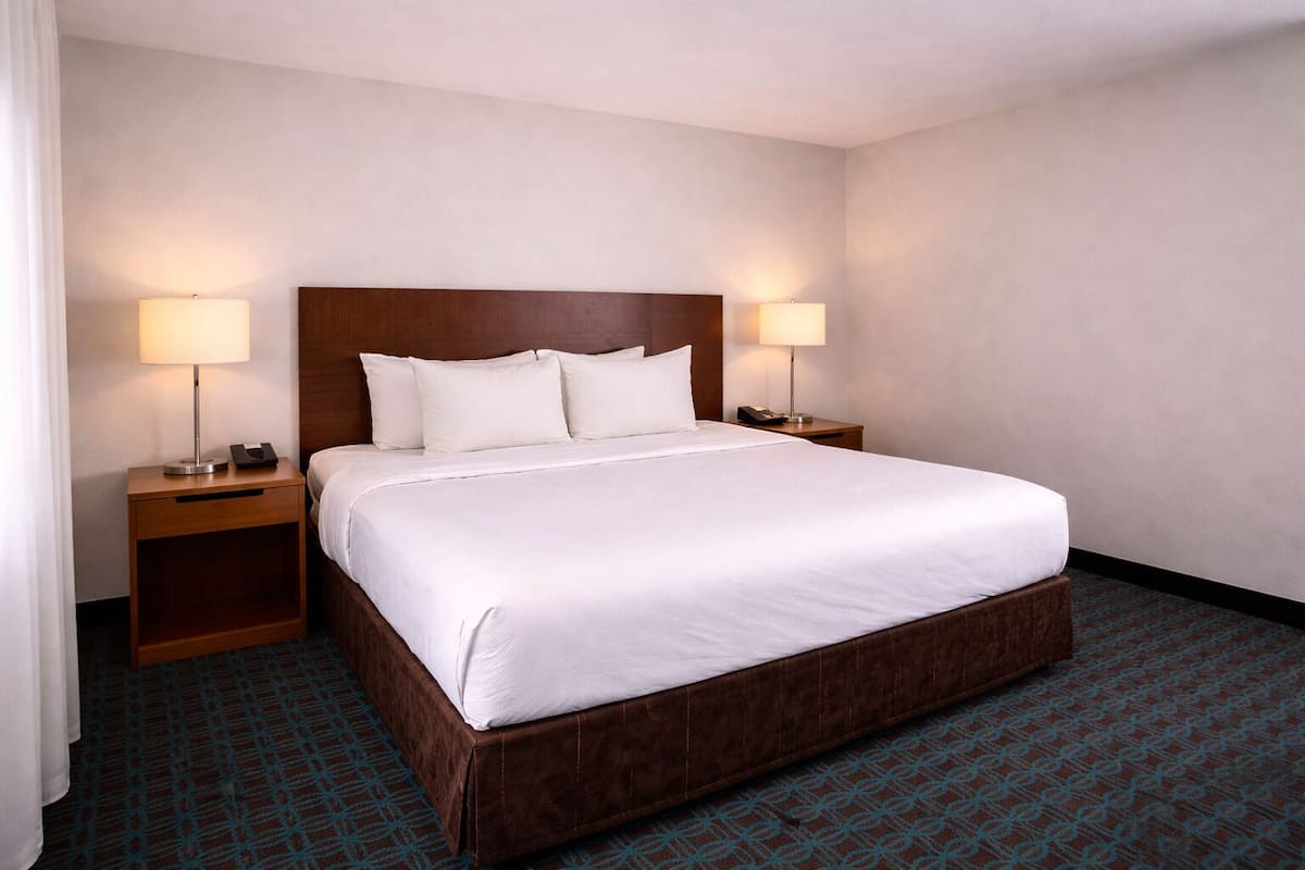 Una habitación de hotel con una cama grande, dos mesitas de noche y dos lámparas.