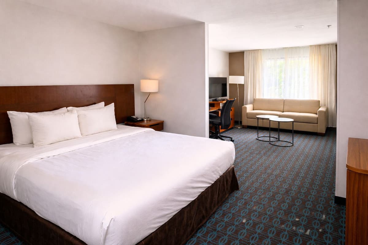 Habitación de hotel con una cama grande, un escritorio con silla, un sofá y una televisión.