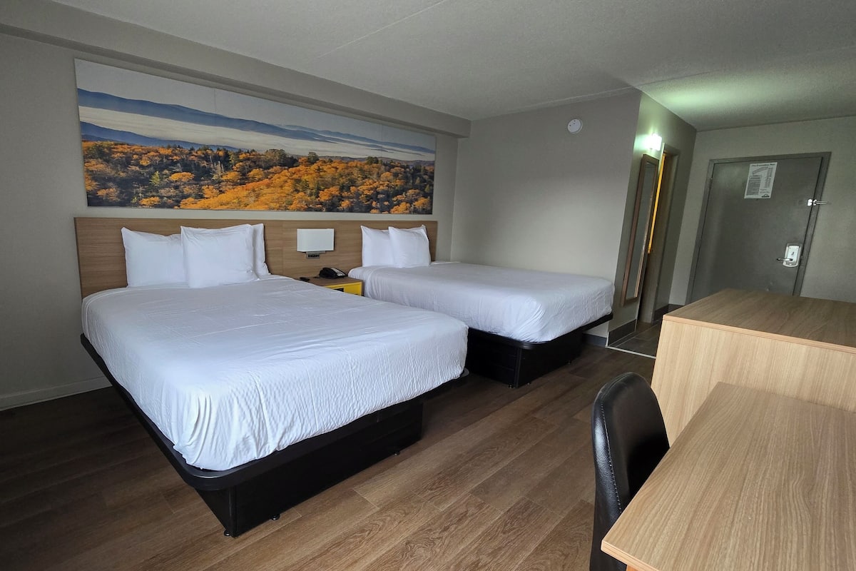 Room, 2 Queen Beds, Non Smoking | Desk, laptop workspace, blackout drapes, iron/ironing board