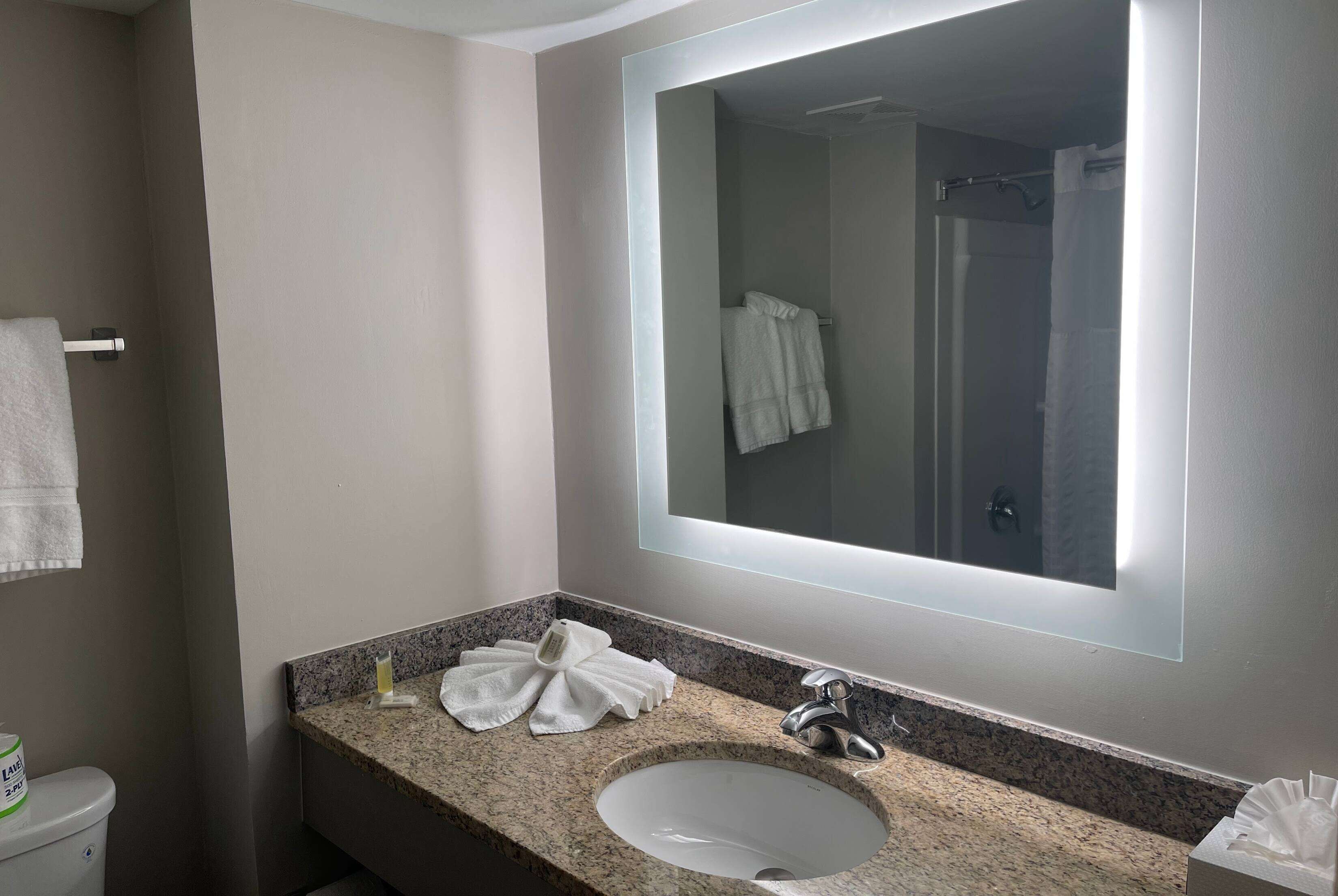 A bathroom with a large mirror, a granite countertop, a sink, and a towel rack.